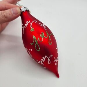 Red Glass Teardrop Christmas Ornament White Script Joy Glitter Accent Holiday